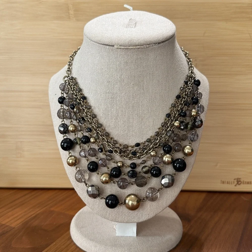 Lia Sophia Fancy That Gold Black Glass & Resin Beaded Multi Strand Necklace